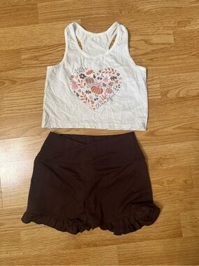 Source Unknown White Tank with Floral Heart Graphic and Brown Ruffle Shorts